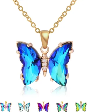 Butterfly Crystal Necklace and Butterfly Bolo Bracelet for Women: 18K Gold Stainless Steel Butterfies Birthston Pendant Choker Necklaces Aesthetic Valentines Day Gifts for Her