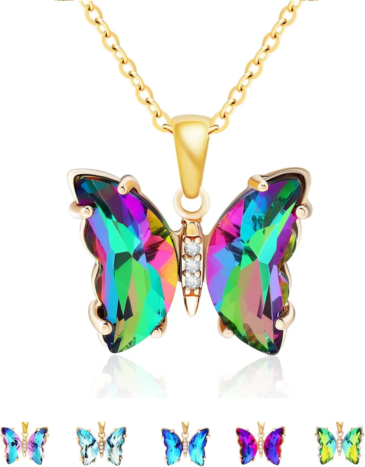 Butterfly Crystal Necklace and Butterfly Bolo Bracelet for Women: 18K Gold Stainless Steel Butterfies Birthston Pendant Choker Necklaces Aesthetic Valentines Day Gifts for Her