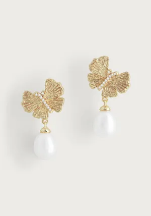 Butterfly W/ Rose Pearl Drop Earrings
