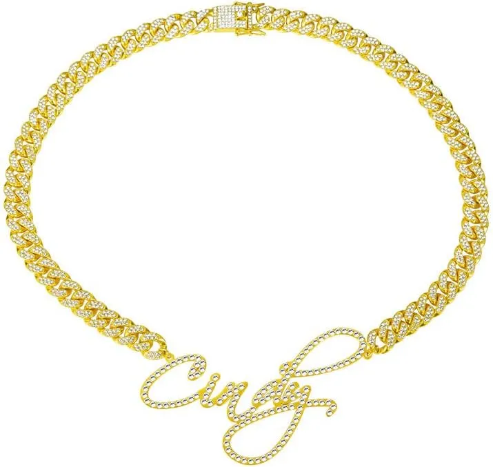 callie Custom Name Necklace Personalized, 18k Gold Plated Engraved Initial Nameplate Necklace, Customized Iced Out Cuban Necklaces Jewelry Gifts for Men Women