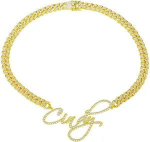 callie Custom Name Necklace Personalized, 18k Gold Plated Engraved Initial Nameplate Necklace, Customized Iced Out Cuban Necklaces Jewelry Gifts for Men Women