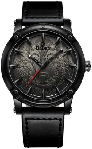 Carlien New 3D Engraved Wolf Dial Quartz Watch for Men Big Face Sport Leather Casual Wristwatch