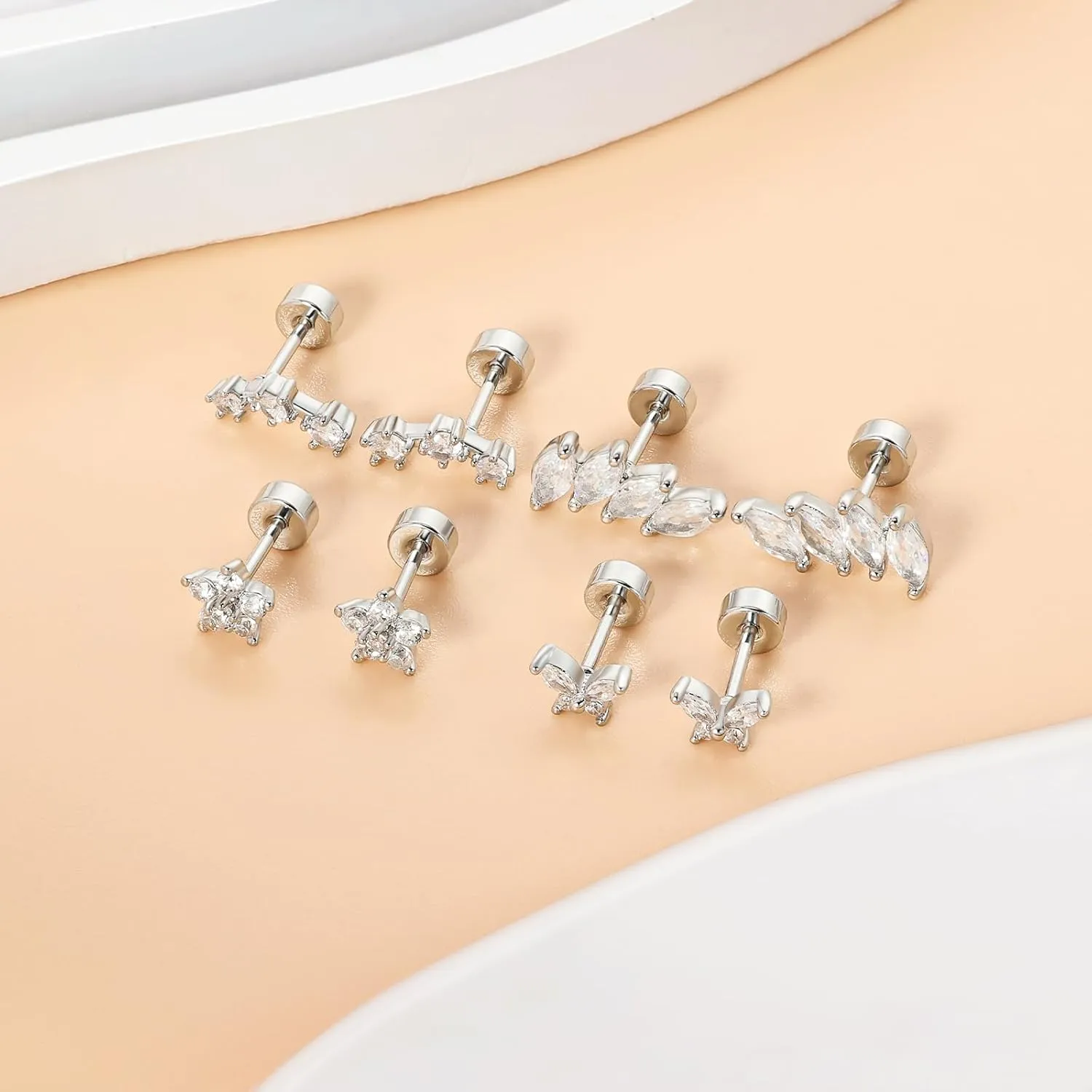 Cartilage Screw Back Earrings for Women, Flat Back Earrings Sterling Silver Hypoallergenic Earrings for Girls Conch Helix Piercing Jewelry Crawler Butterfly Flower Stud Earrings (Leaf, Silver)
