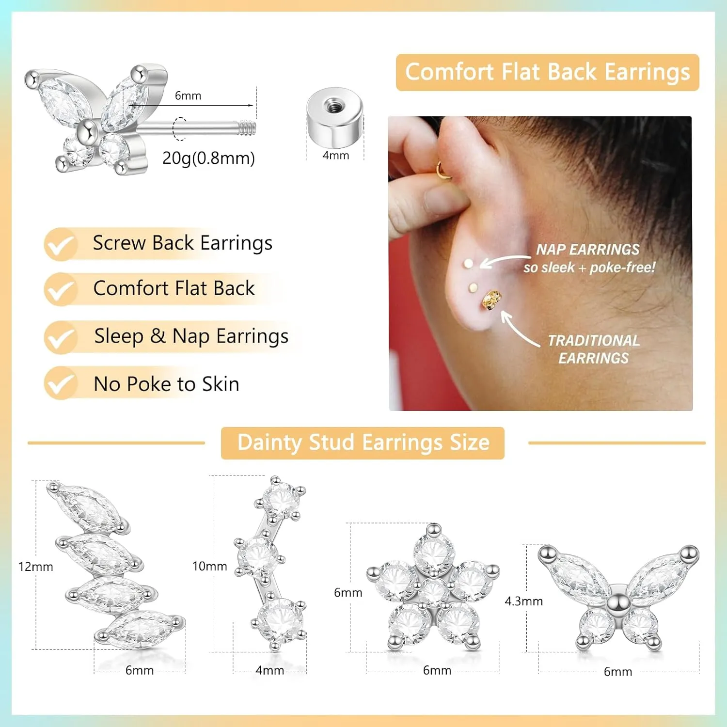 Cartilage Screw Back Earrings for Women, Flat Back Earrings Sterling Silver Hypoallergenic Earrings for Girls Conch Helix Piercing Jewelry Crawler Butterfly Flower Stud Earrings (Leaf, Silver)