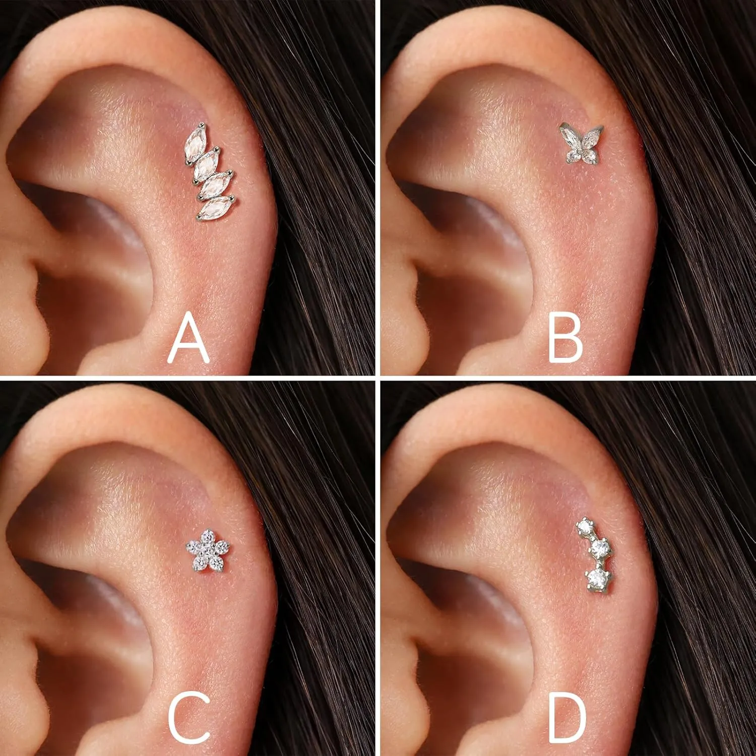 Cartilage Screw Back Earrings for Women, Flat Back Earrings Sterling Silver Hypoallergenic Earrings for Girls Conch Helix Piercing Jewelry Crawler Butterfly Flower Stud Earrings (Leaf, Silver)