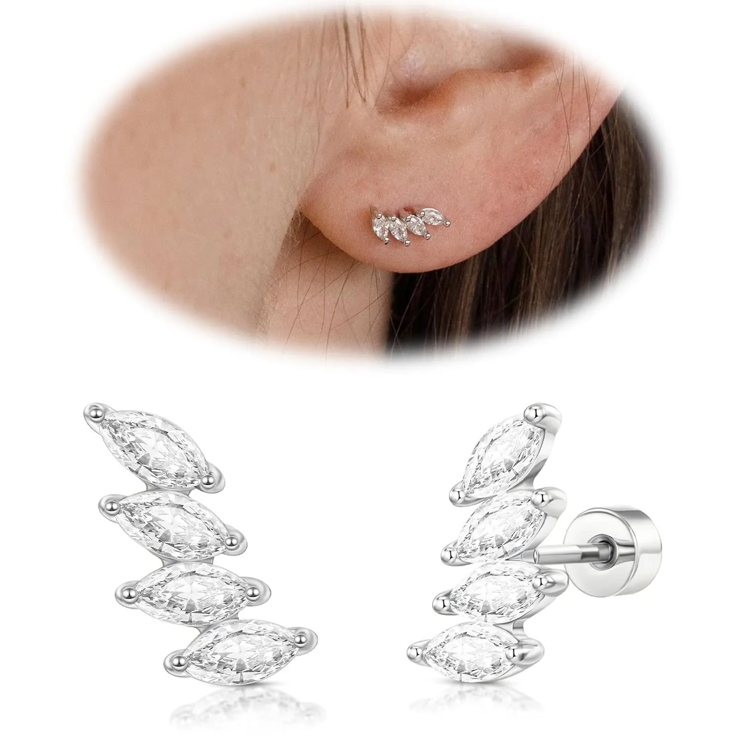 Cartilage Screw Back Earrings for Women, Flat Back Earrings Sterling Silver Hypoallergenic Earrings for Girls Conch Helix Piercing Jewelry Crawler Butterfly Flower Stud Earrings (Leaf, Silver)