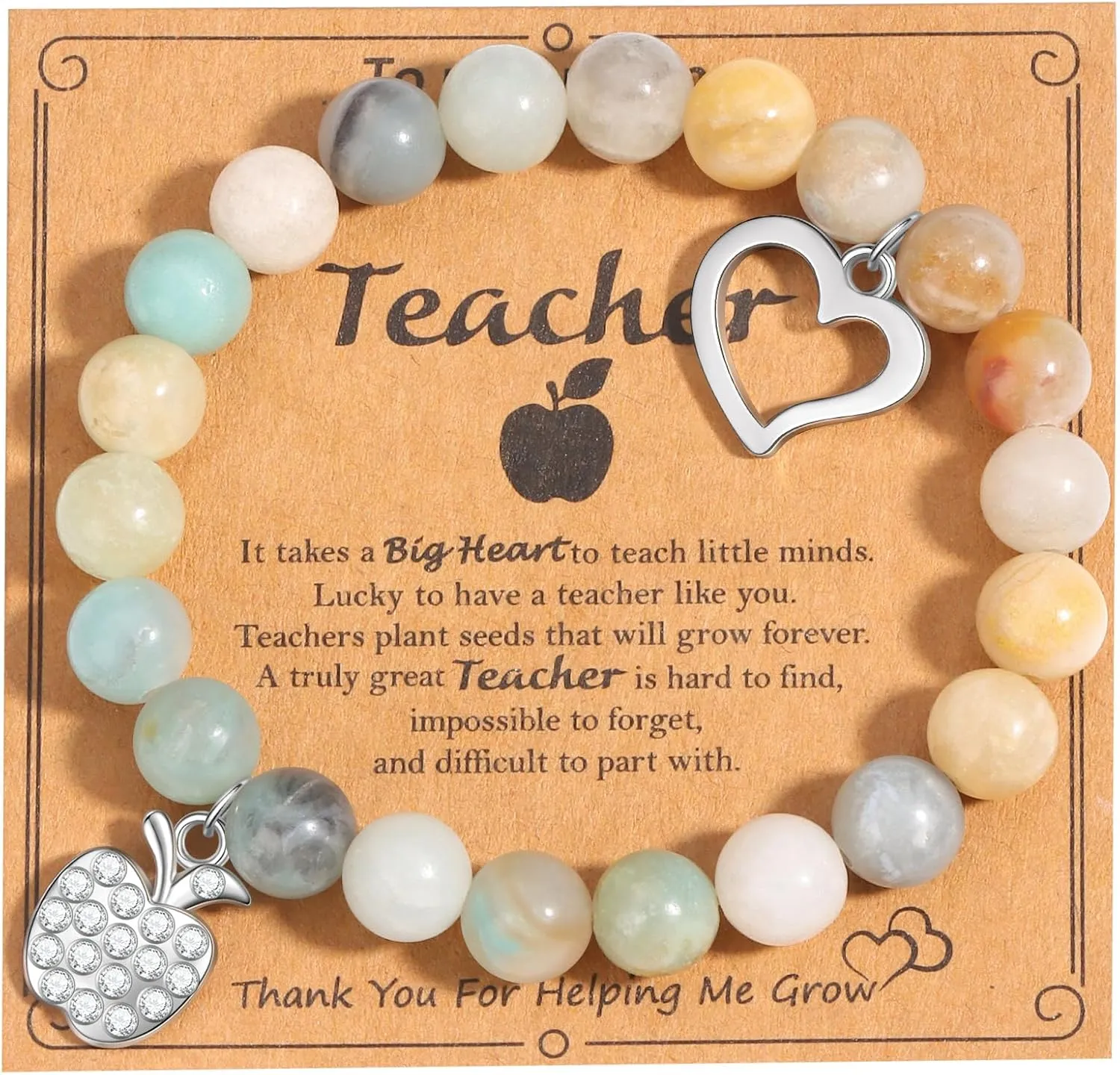 CASDAN Teacher Appreciation Bracelets for Women Personalized Natural Stone Apple Bracelet Stretch Bracele With Gift Message Card