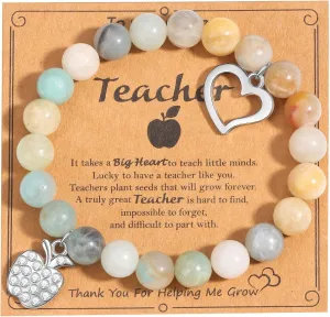 CASDAN Teacher Appreciation Bracelets for Women Personalized Natural Stone Apple Bracelet Stretch Bracele With Gift Message Card