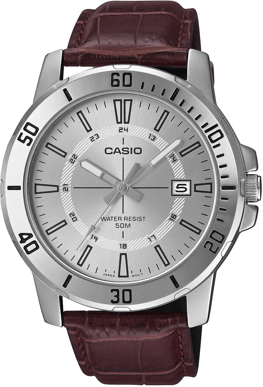 Casio MTP-VD01L-7CV Men's Enticer Leather Band 24 Hour Silver Index Dial Casual Analog Sporty Watch