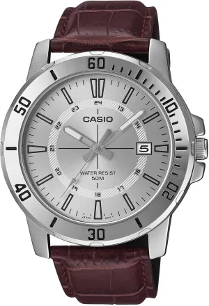Casio MTP-VD01L-7CV Men's Enticer Leather Band 24 Hour Silver Index Dial Casual Analog Sporty Watch