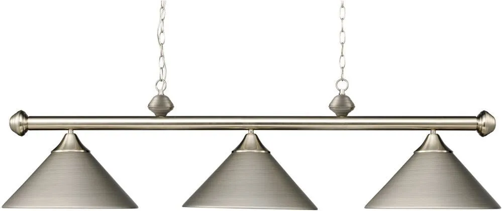 Casual Traditions 3 Light Billiard In Satin Nickel With Matching Metal Shades