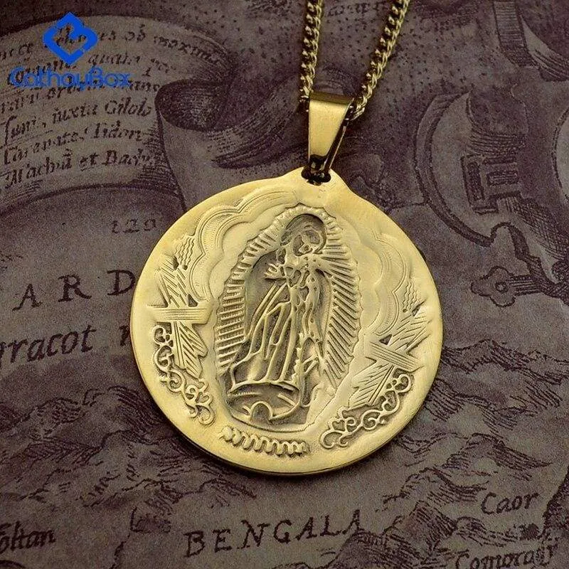 Catholic Gift Lady of Guadalupe Round Pendant Silver Gold Tone Medal Necklace Chain 24"