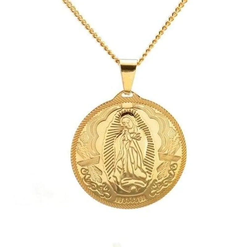 Catholic Gift Lady of Guadalupe Round Pendant Silver Gold Tone Medal Necklace Chain 24"