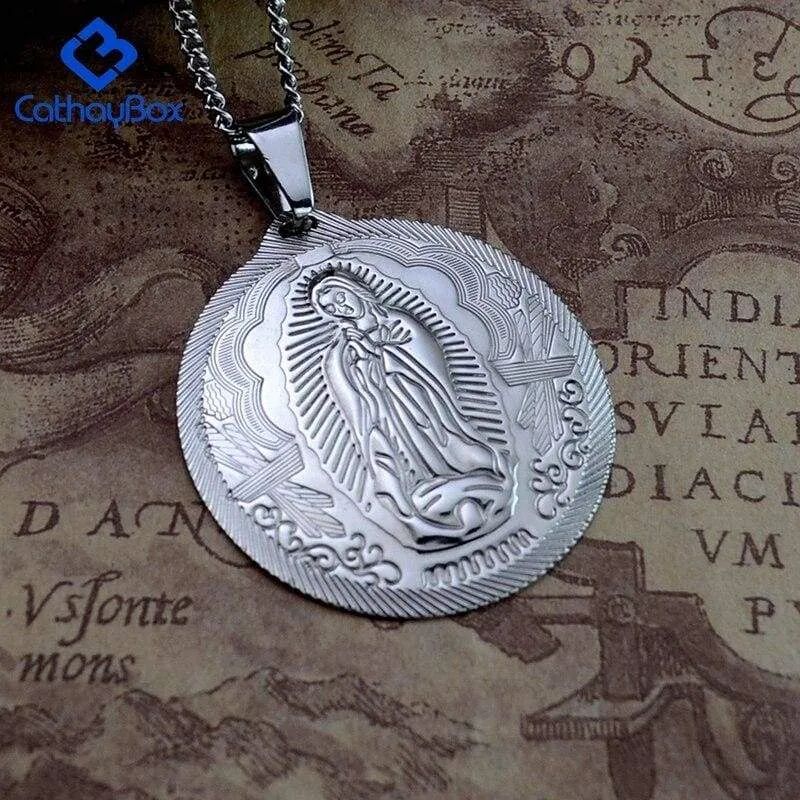 Catholic Gift Lady of Guadalupe Round Pendant Silver Gold Tone Medal Necklace Chain 24"