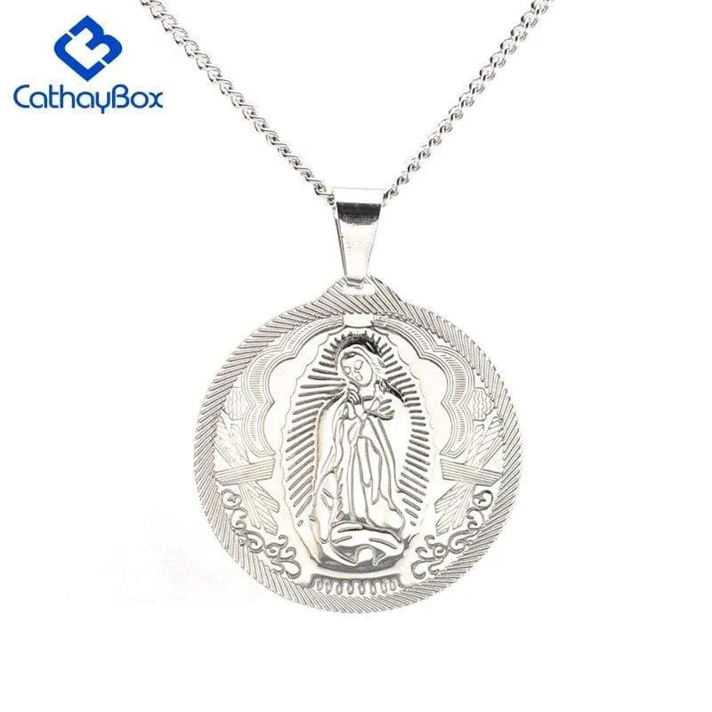 Catholic Gift Lady of Guadalupe Round Pendant Silver Gold Tone Medal Necklace Chain 24"