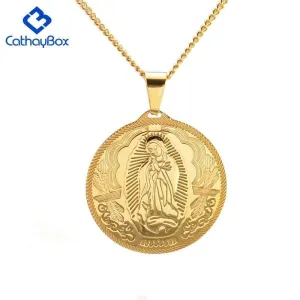 Catholic Gift Lady of Guadalupe Round Pendant Silver Gold Tone Medal Necklace Chain 24"