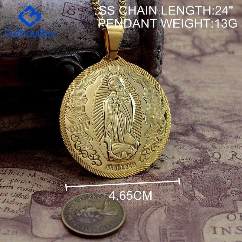 Catholic Gift Lady of Guadalupe Round Pendant Silver Gold Tone Medal Necklace Chain 24"