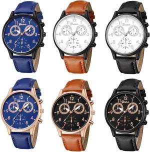 CdyBox Men Fashion PU Leather Watch Casual Business Quartz Wrist Watches Wholesale 6 Pack