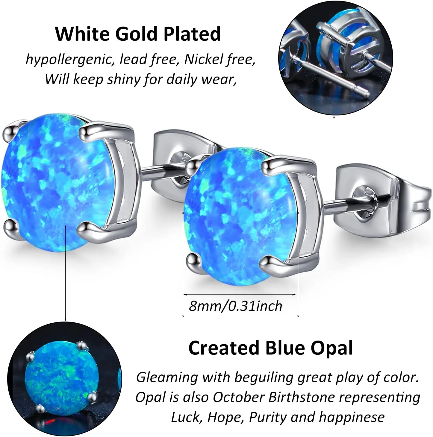 CERSLIMO Multi Colors fire Opal Stud Earrings Birthstone Earrings For Women 8mm