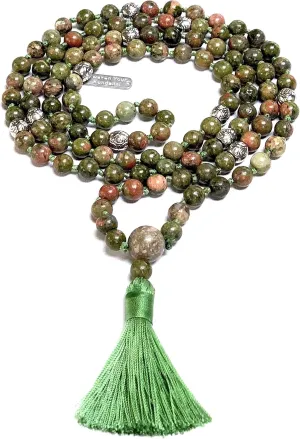 Certified Energized Mala Beads Necklace with COA - Chakra Mala - Japa Mala - 8mm 108 Buddhist Prayer Beads - Meditation Mala - Tassel Necklace  Zodiac/Sun Sign stones (Unakite)