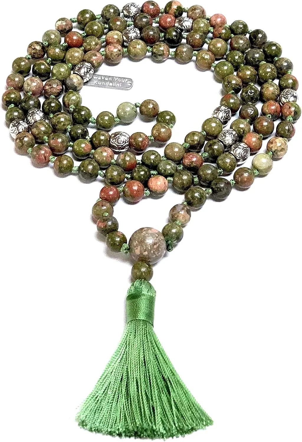 Certified Energized Mala Beads Necklace with COA - Chakra Mala - Japa Mala - 8mm 108 Buddhist Prayer Beads - Meditation Mala - Tassel Necklace  Zodiac/Sun Sign stones (Unakite)