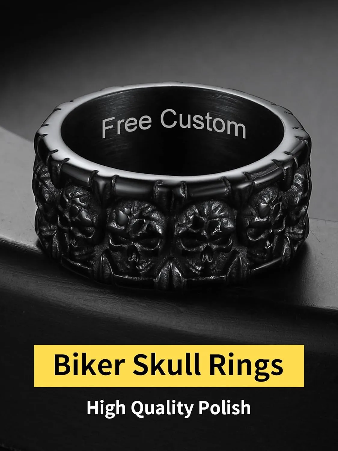 ChainsHouse Skull Rings for Men, Stainless Steel/Black Plated Gothic Rings, Skeleton Cocktail Party Biker Ring, Offer Custom Service, Size 7-14, Send Gift Box