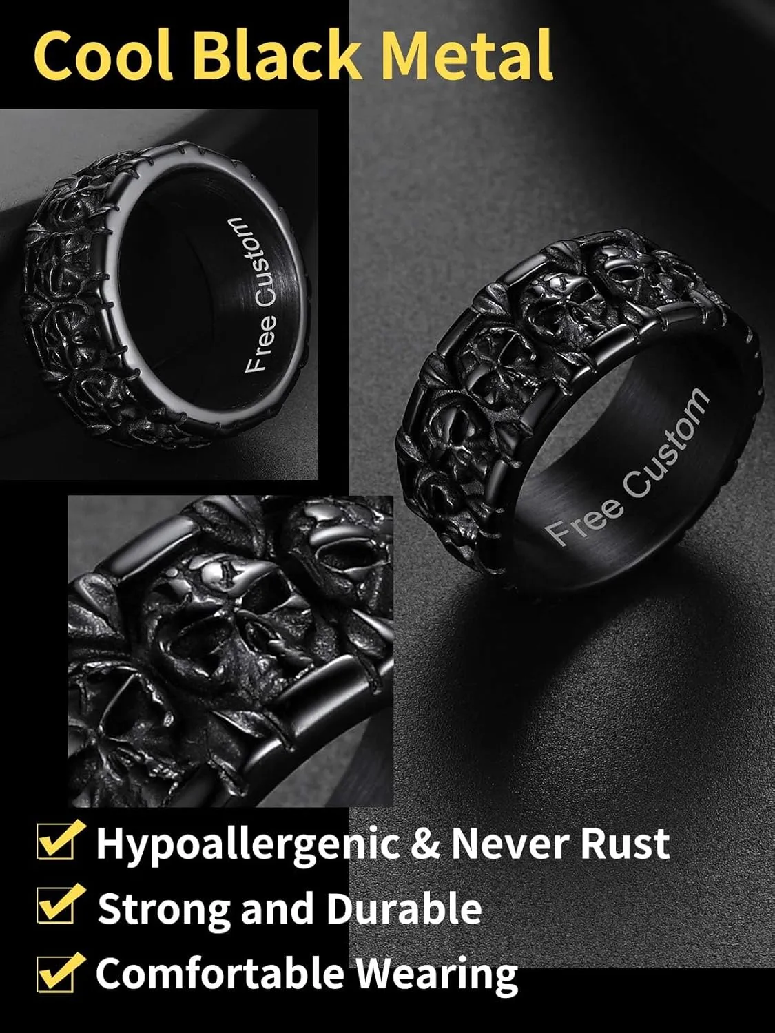 ChainsHouse Skull Rings for Men, Stainless Steel/Black Plated Gothic Rings, Skeleton Cocktail Party Biker Ring, Offer Custom Service, Size 7-14, Send Gift Box
