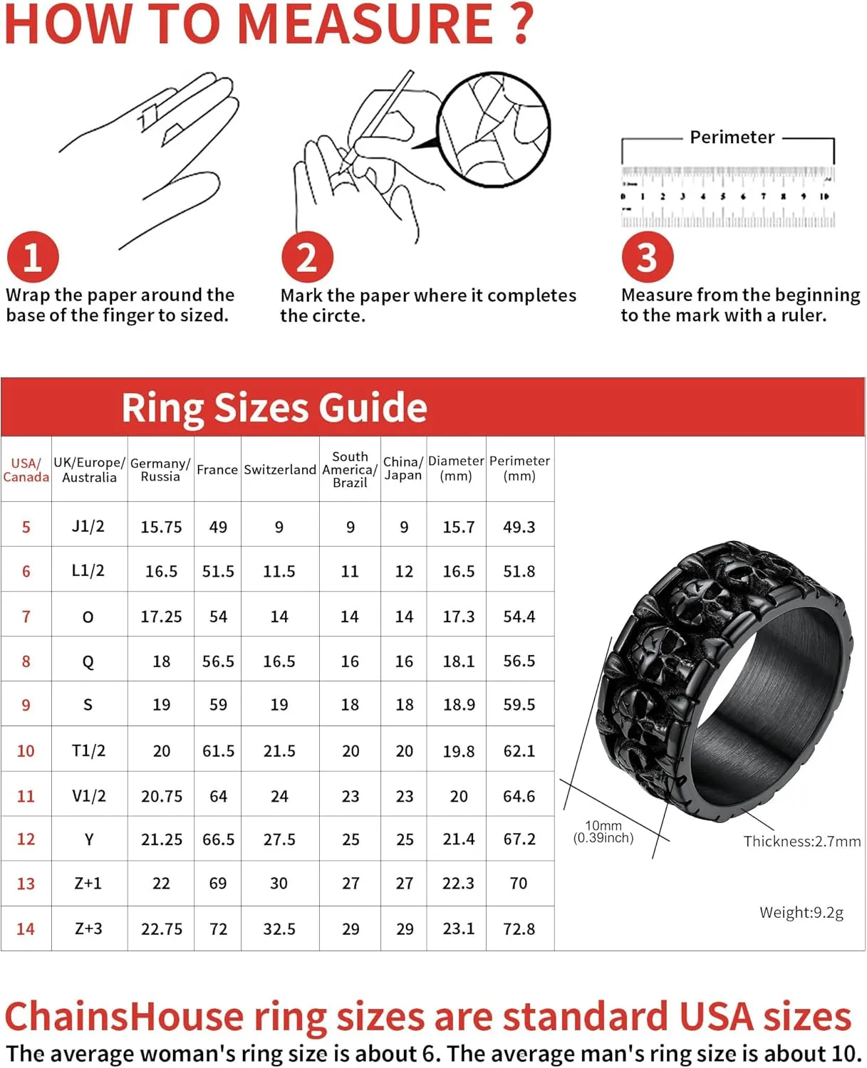 ChainsHouse Skull Rings for Men, Stainless Steel/Black Plated Gothic Rings, Skeleton Cocktail Party Biker Ring, Offer Custom Service, Size 7-14, Send Gift Box