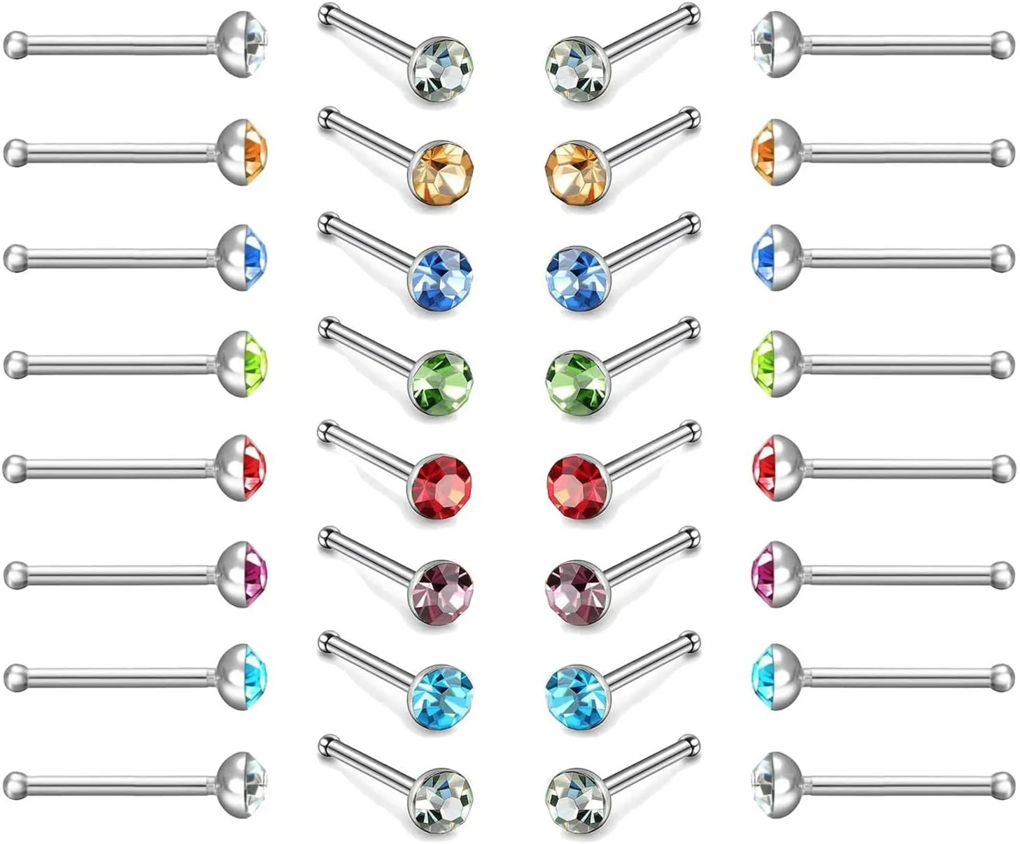 Charisma 40pcs Small Nose Studs Stainless Steel CZ Nose Piercing Jewelry Tiny Bone Studs for Women Men Hypoallergenic (1.5mm,Multi-Color CZ,22G)