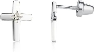 Cherished Moments Sterling Silver First Communion, Baptism or Christening Cross Earrings with Diamond Accent (Screw Backs)