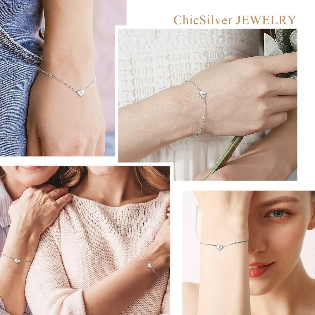 ChicSilver Personalized Heart Initial Bracelet, 925 Sterling Silver Letter Bracelet Fashion Dainty Heart Charm Bracelet for Women(with Gift Box)