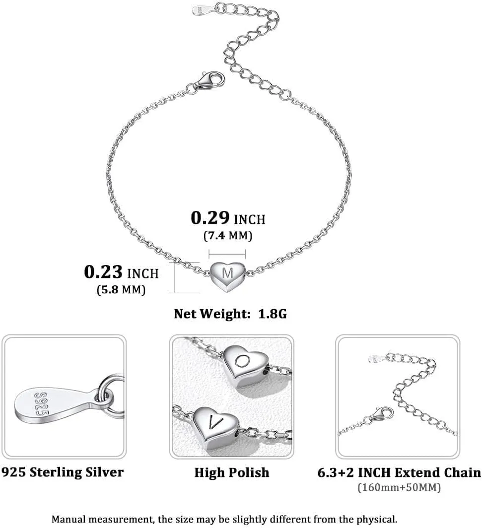 ChicSilver Personalized Heart Initial Bracelet, 925 Sterling Silver Letter Bracelet Fashion Dainty Heart Charm Bracelet for Women(with Gift Box)