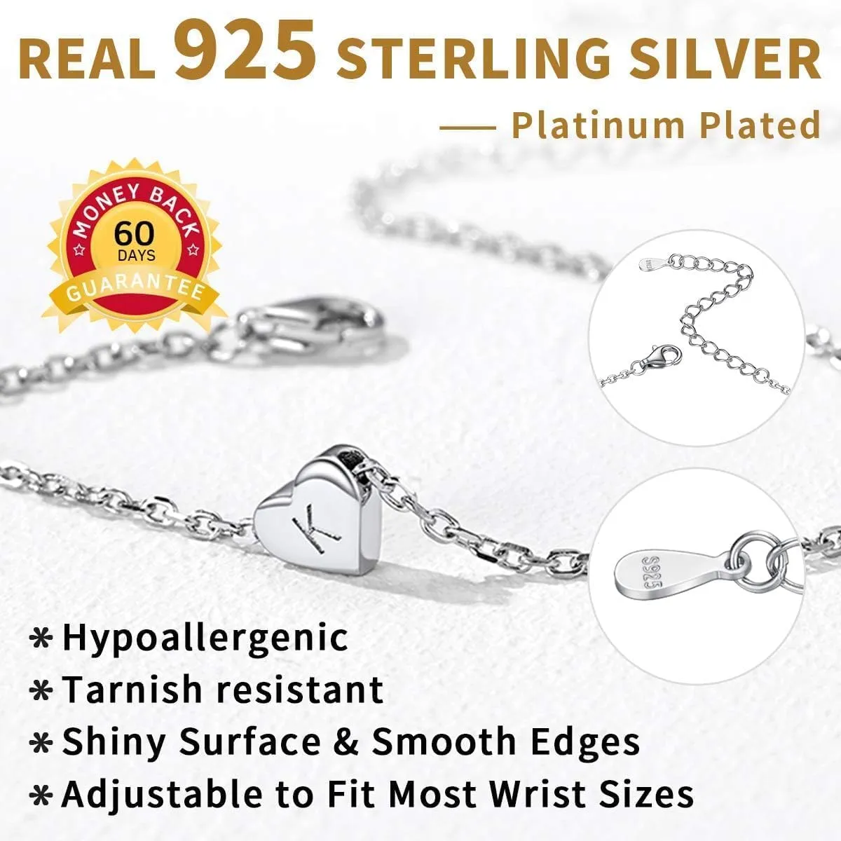 ChicSilver Personalized Heart Initial Bracelet, 925 Sterling Silver Letter Bracelet Fashion Dainty Heart Charm Bracelet for Women(with Gift Box)