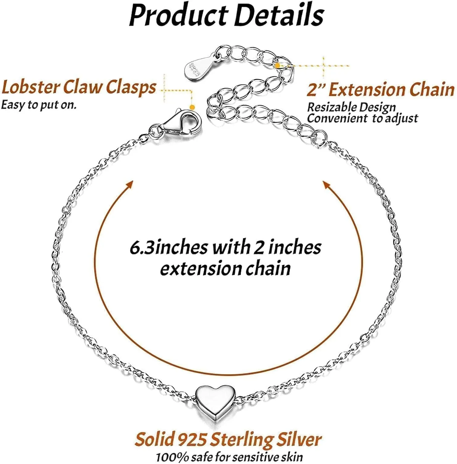 ChicSilver Personalized Tiny Heart/Star/Moon/Dot/Lotus Bracelet, Sterling Silver Dainty Link Chain Bracelet for Women Silver/Gold/Rose Gold(with Gift Box)