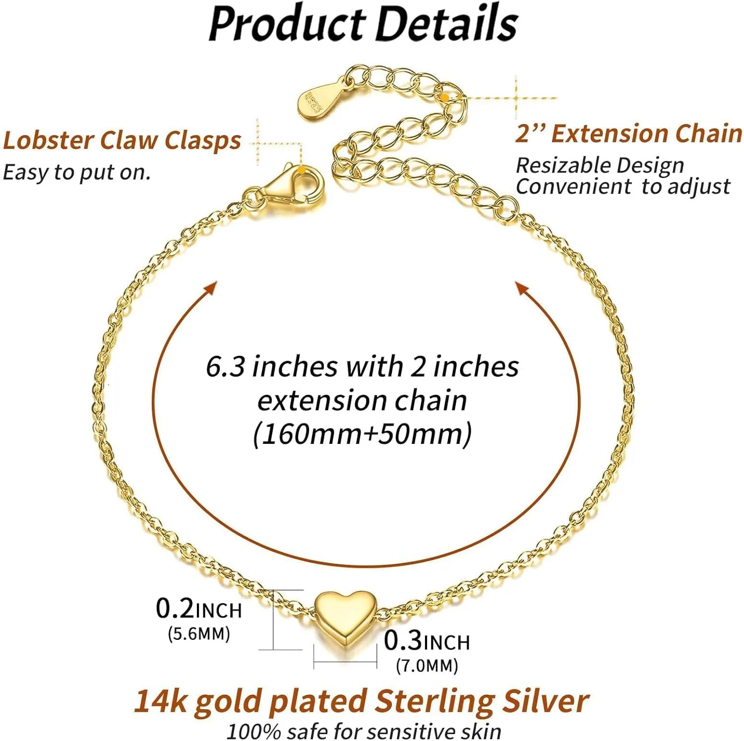 ChicSilver Personalized Tiny Heart/Star/Moon/Dot/Lotus Bracelet, Sterling Silver Dainty Link Chain Bracelet for Women Silver/Gold/Rose Gold(with Gift Box)