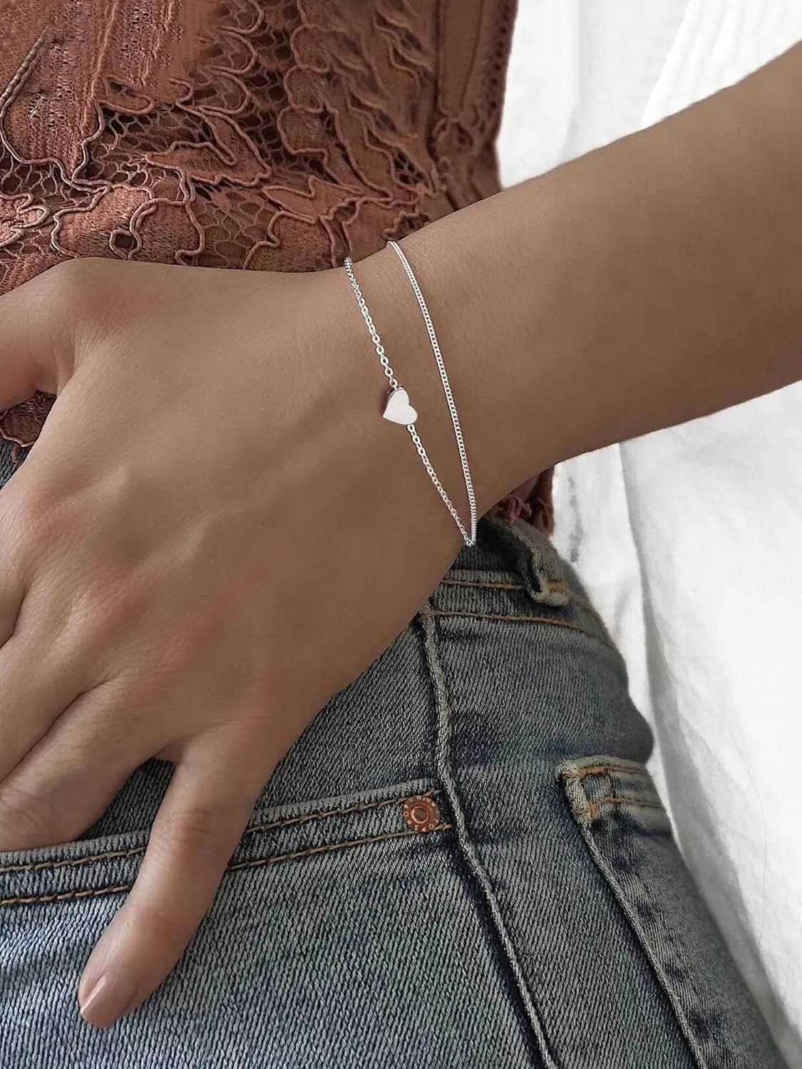 ChicSilver Personalized Tiny Heart/Star/Moon/Dot/Lotus Bracelet, Sterling Silver Dainty Link Chain Bracelet for Women Silver/Gold/Rose Gold(with Gift Box)