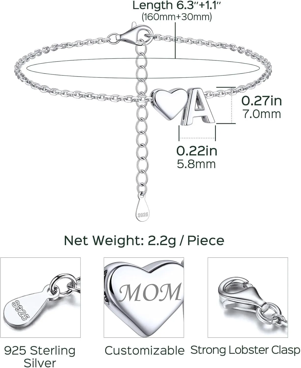 ChicSilver Sterling Silver Initial Bracelet Letters Personalized Heart Bracelet Hypoallergenic Dainty Bracelets for Women
