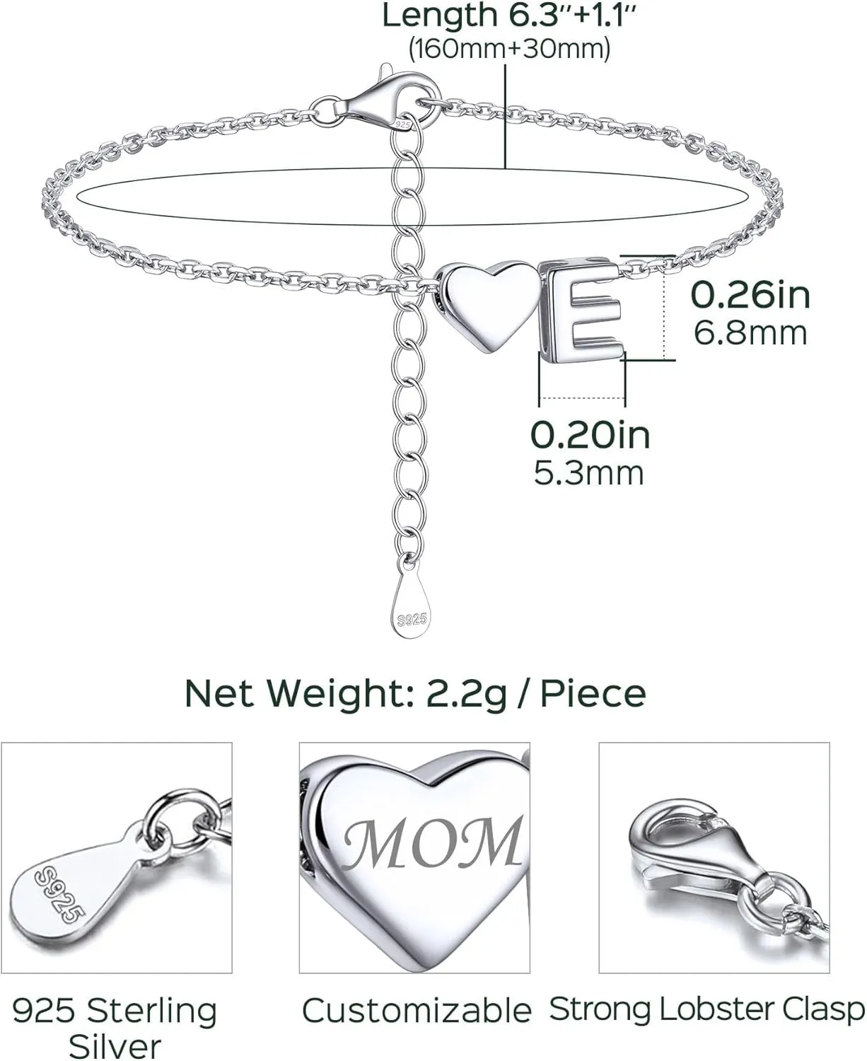 ChicSilver Sterling Silver Initial Bracelet Letters Personalized Heart Bracelet Hypoallergenic Dainty Bracelets for Women