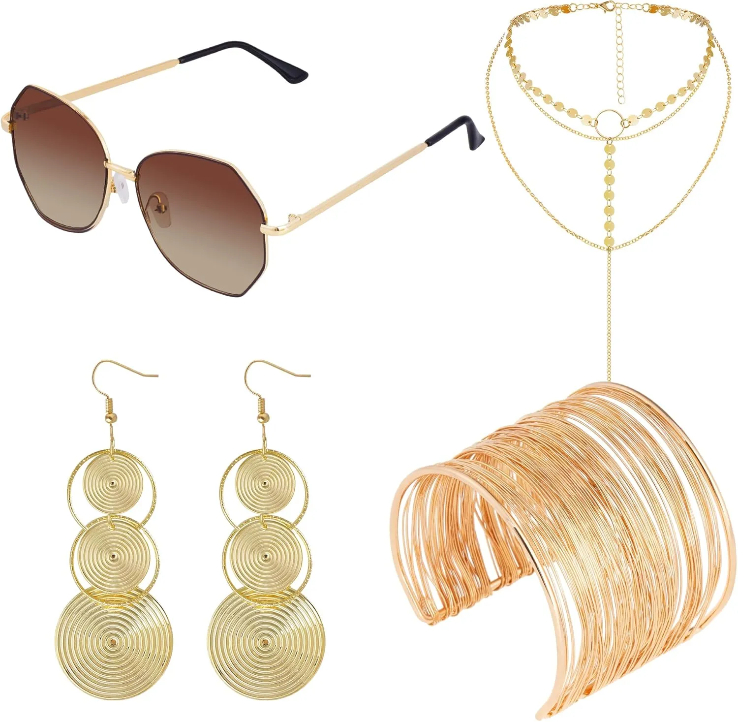 choyaxo 5Pcs 70s Accessories Set Women Including Dangle Earrings Layered Necklace Bracelets for Party Halloween Cosplay Yellow