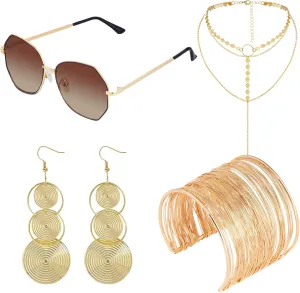 choyaxo 5Pcs 70s Accessories Set Women Including Dangle Earrings Layered Necklace Bracelets for Party Halloween Cosplay Yellow