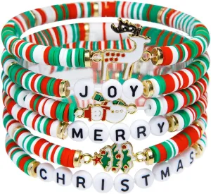 Christmas Bracelets Set for Women Handmade Clay Beads Letter Stretch Bracelets Bulk Adjustable Friendship Stackable Holiday Jewelry