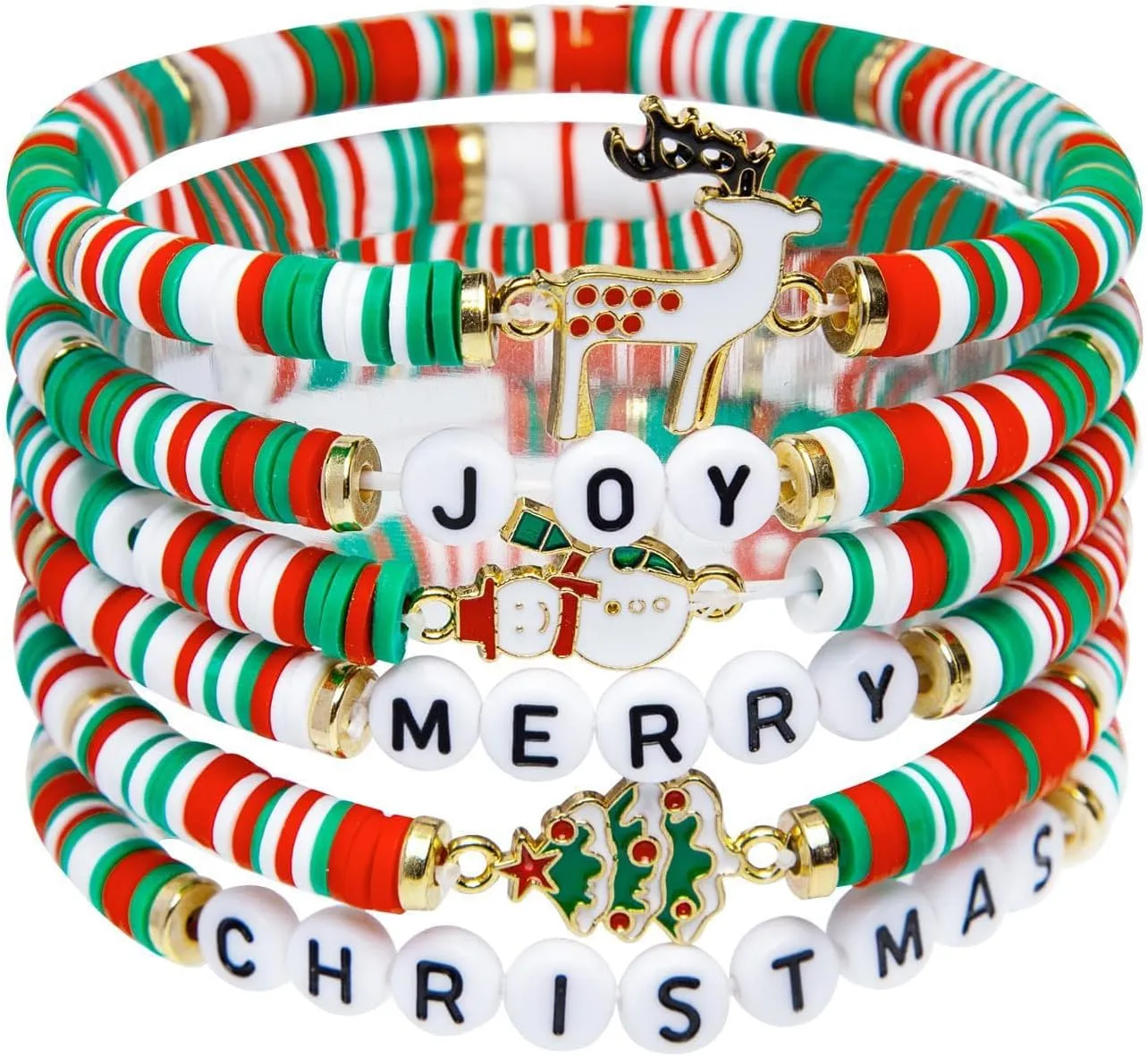 Christmas Bracelets Set for Women Handmade Clay Beads Letter Stretch Bracelets Bulk Adjustable Friendship Stackable Holiday Jewelry