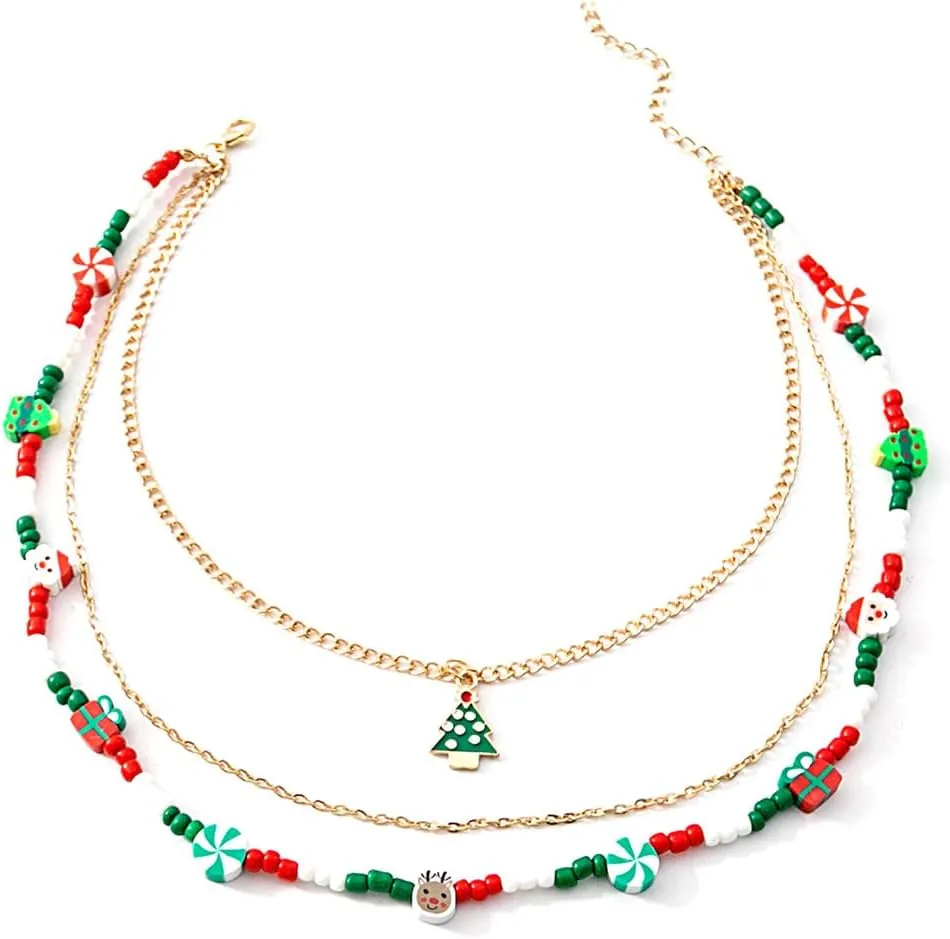 Christmas Necklaces Multi-Layer Beads Necklace Chain Xmas Tree Candy Cane Santa Pendant Necklace for Women Holiday Necklace Jewelry For Women