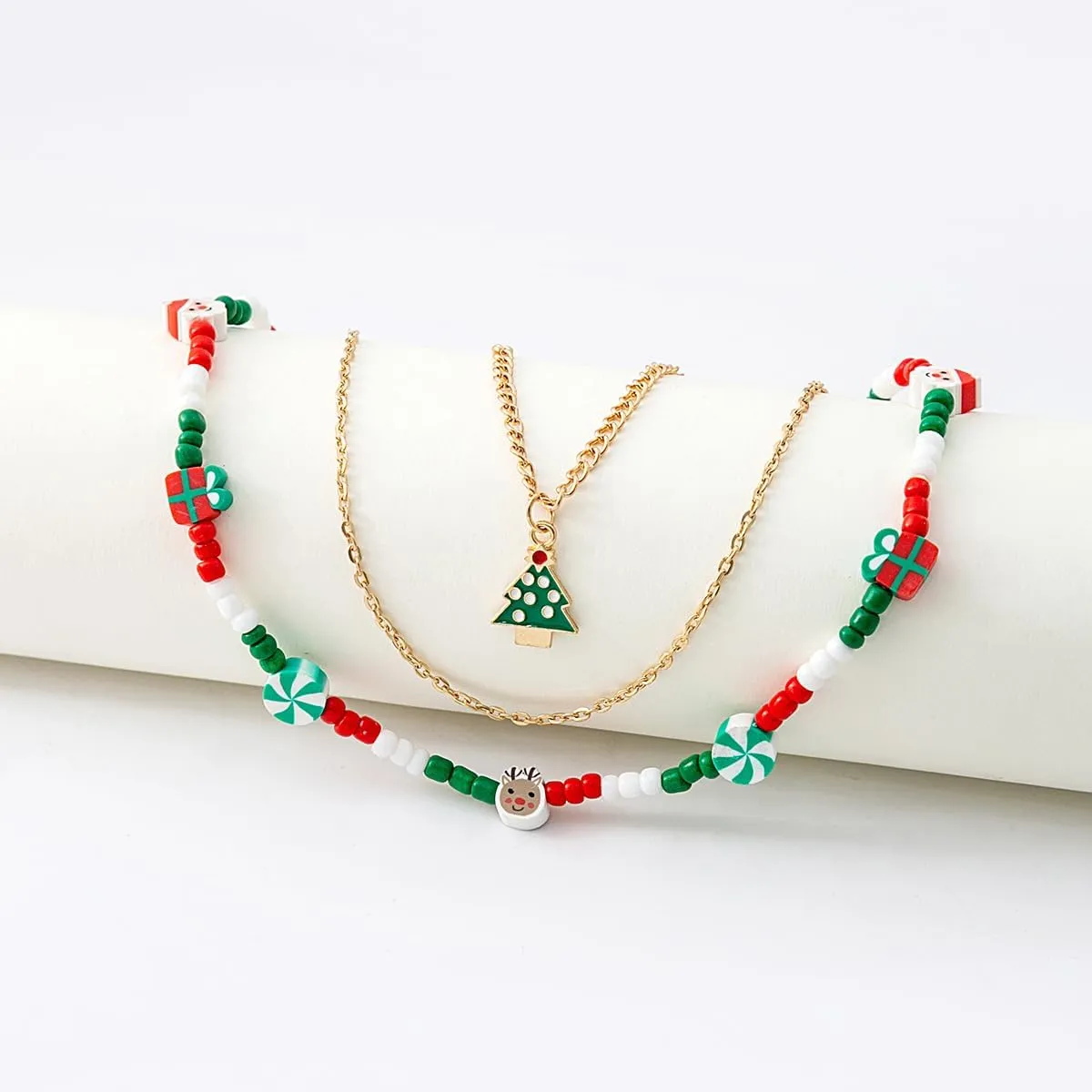 Christmas Necklaces Multi-Layer Beads Necklace Chain Xmas Tree Candy Cane Santa Pendant Necklace for Women Holiday Necklace Jewelry For Women