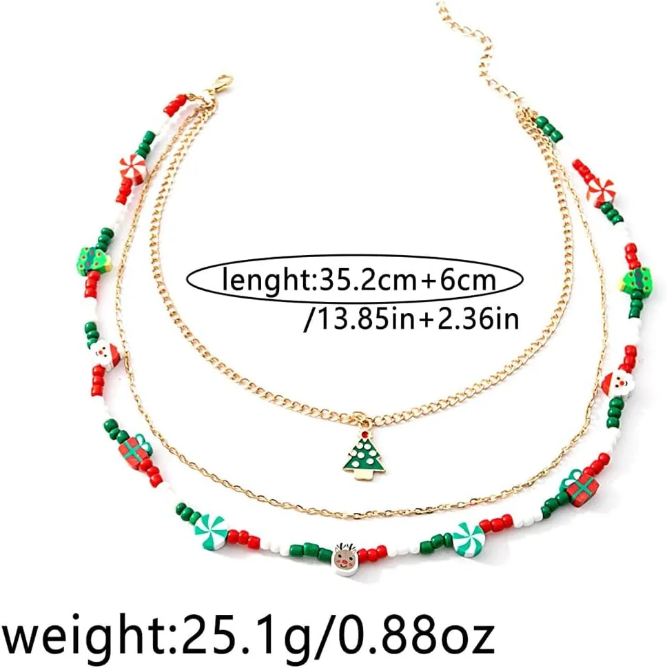 Christmas Necklaces Multi-Layer Beads Necklace Chain Xmas Tree Candy Cane Santa Pendant Necklace for Women Holiday Necklace Jewelry For Women