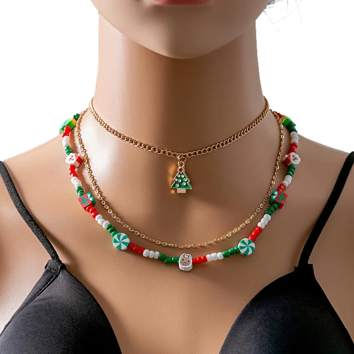 Christmas Necklaces Multi-Layer Beads Necklace Chain Xmas Tree Candy Cane Santa Pendant Necklace for Women Holiday Necklace Jewelry For Women