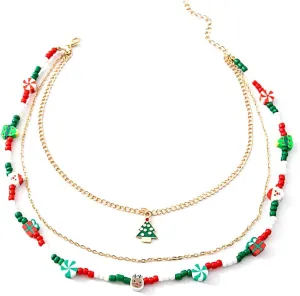 Christmas Necklaces Multi-Layer Beads Necklace Chain Xmas Tree Candy Cane Santa Pendant Necklace for Women Holiday Necklace Jewelry For Women
