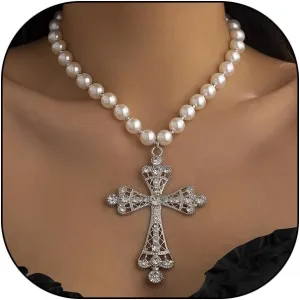 Chunky Cross Pendant Necklace for Women Large Pearl Cross Choker Neckalce Exaggerated Crystal Cross Necklaces Trendy Birthday Accessory Gifts