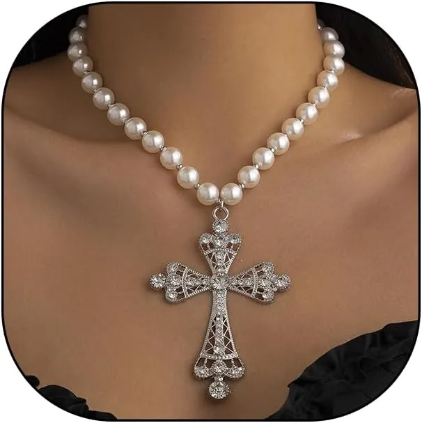 Chunky Cross Pendant Necklace for Women Large Pearl Cross Choker Neckalce Exaggerated Crystal Cross Necklaces Trendy Birthday Accessory Gifts