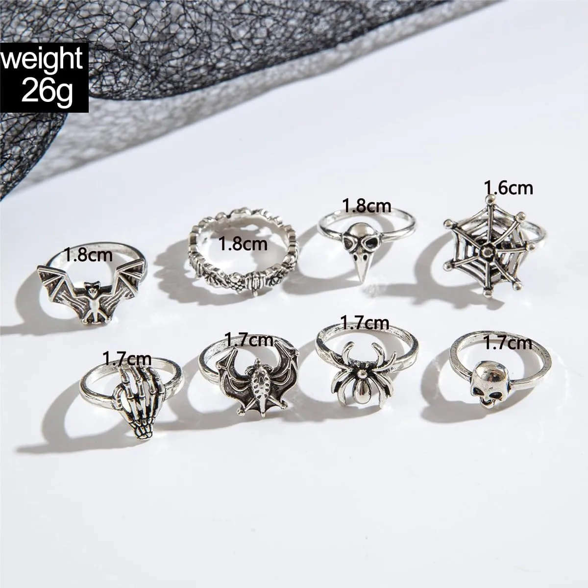 CJIAYUJEW Vintage Punk Rings Set for Men Women Silver Skull Spider Bat Rings Set Y2k Stackable Statement Finger Rings Halloween Gothic Knuckle Rings Outfit Jewelry Goth Costume Accessories